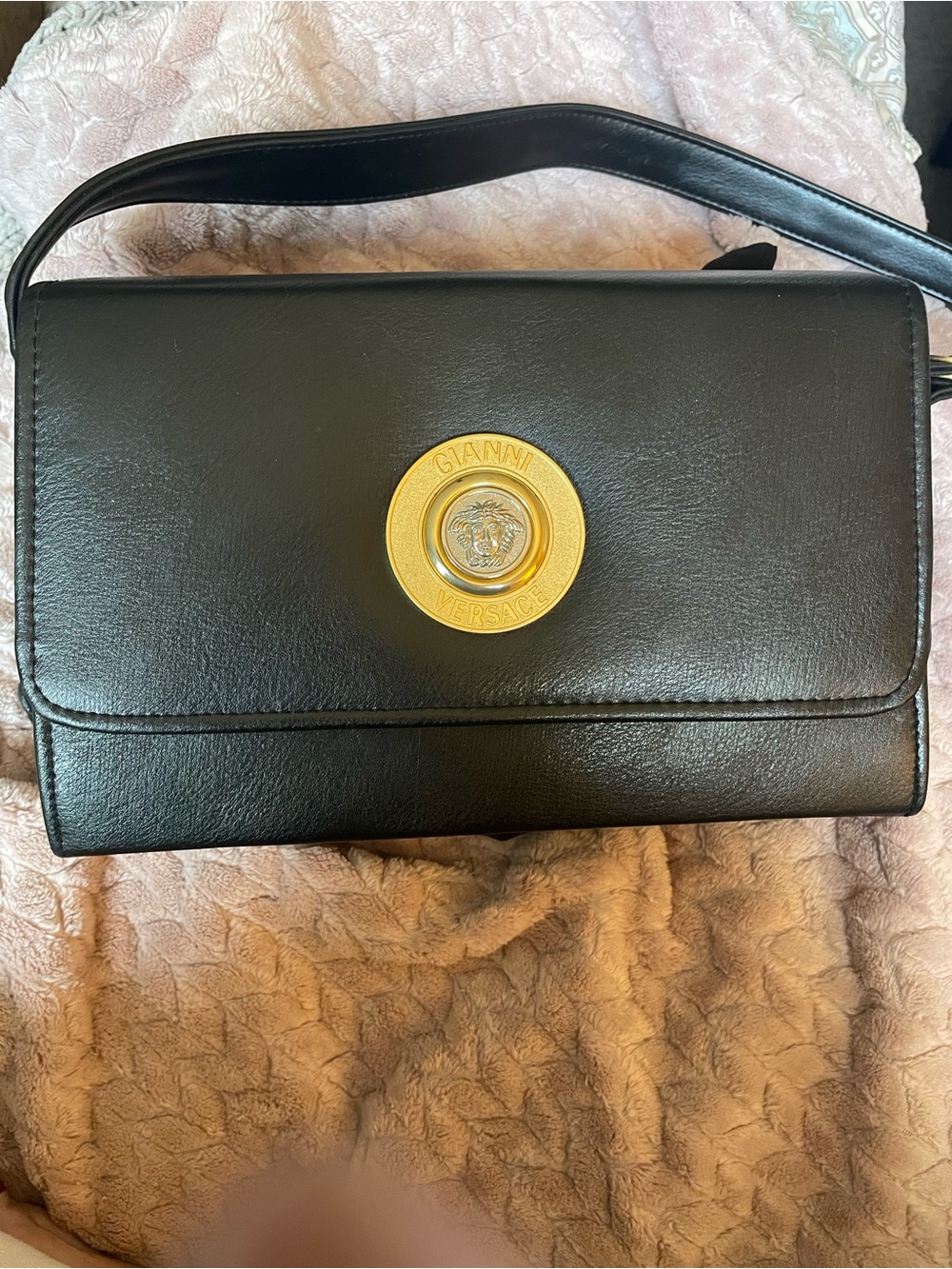 Versace Black Leather Shoulder Bag with Gold Medallion